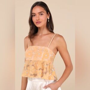 LULUS Women’s Orange Alexia Floral Hand Beaded Gorgeous Boho Mesh Top LIKE NEW M
